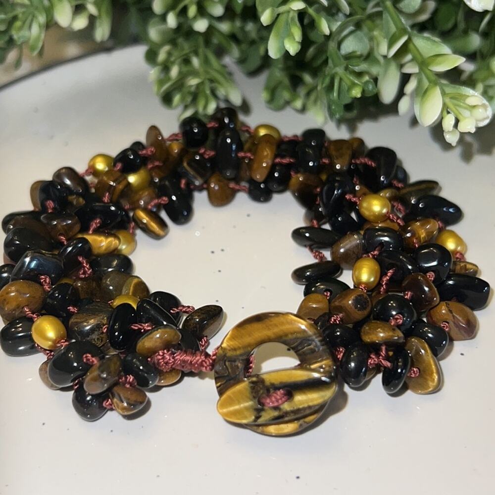 Multistrand Beaded Tiger Eye Onyx Pearl Toggle Knotted Bracelet 8”